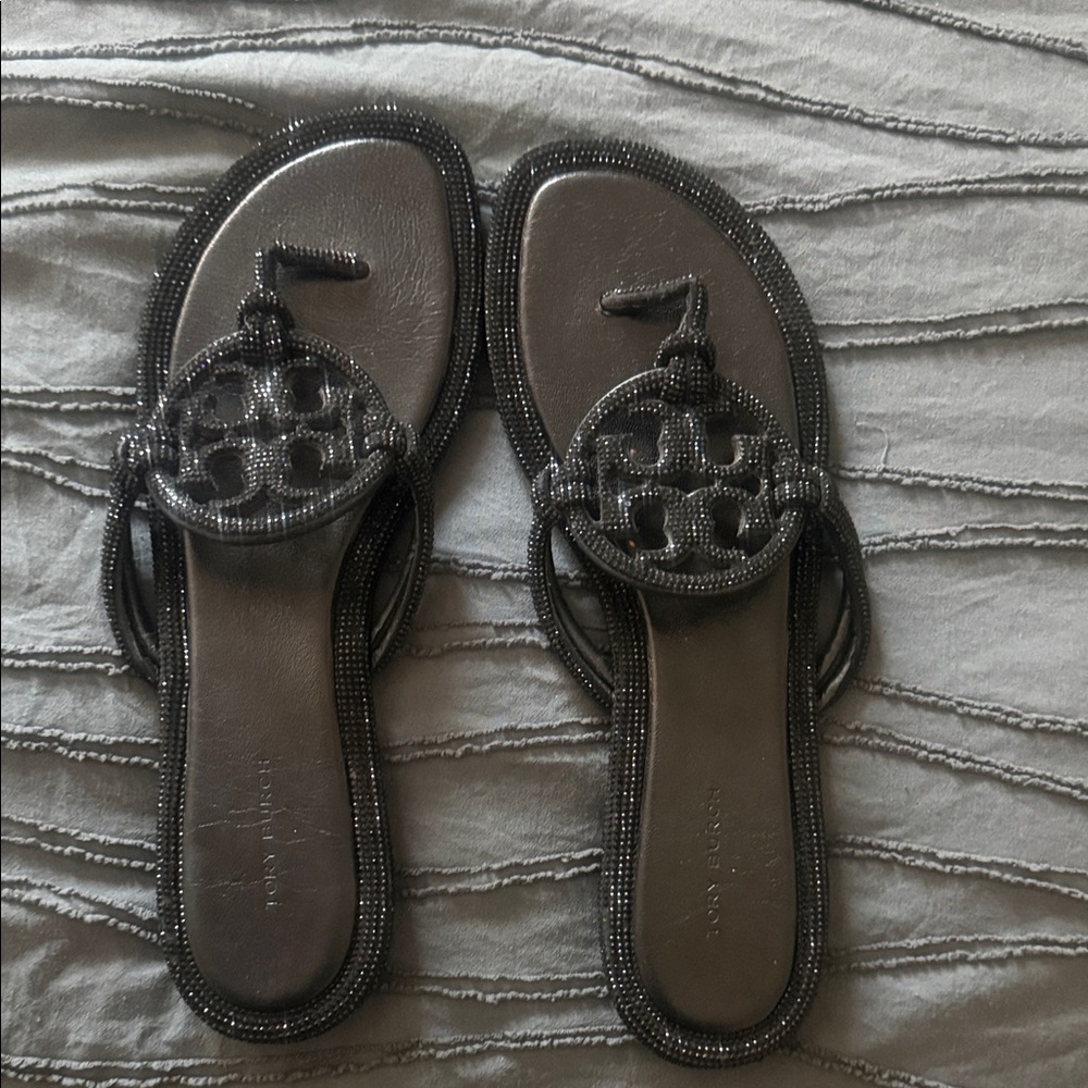 Tory Burch Black Beaded Logo Thong Sandals